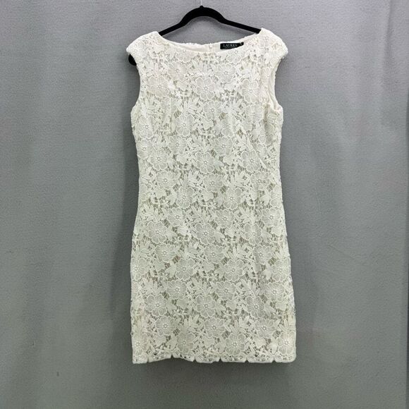 NWT Lauren Ralph Lauren Womens White Floral Lace Fitted Sheath Dress Size 14 - Picture 1 of 10
